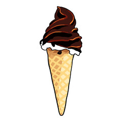 Danish soft Ice cream in a waffle cone - drawing of Ice cream - vanilla with chocolate glaze - transparent background
