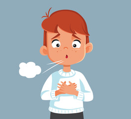Little Boy with Hard Breathing Problems Coughing Vector Illustration, Sick child having respiratory problems due to an asthma attack
