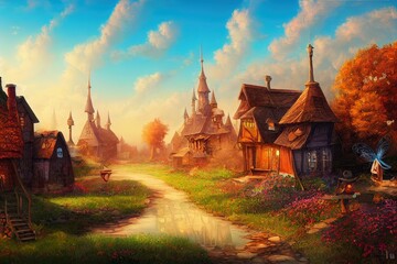 Magic world with fairy tale characters. Cartoon fantasy background village. © The 2R Artificiality