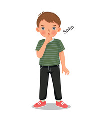 Cute little boy doing silence gesture putting his finger on lip asking to be quiet - obrazy, fototapety, plakaty