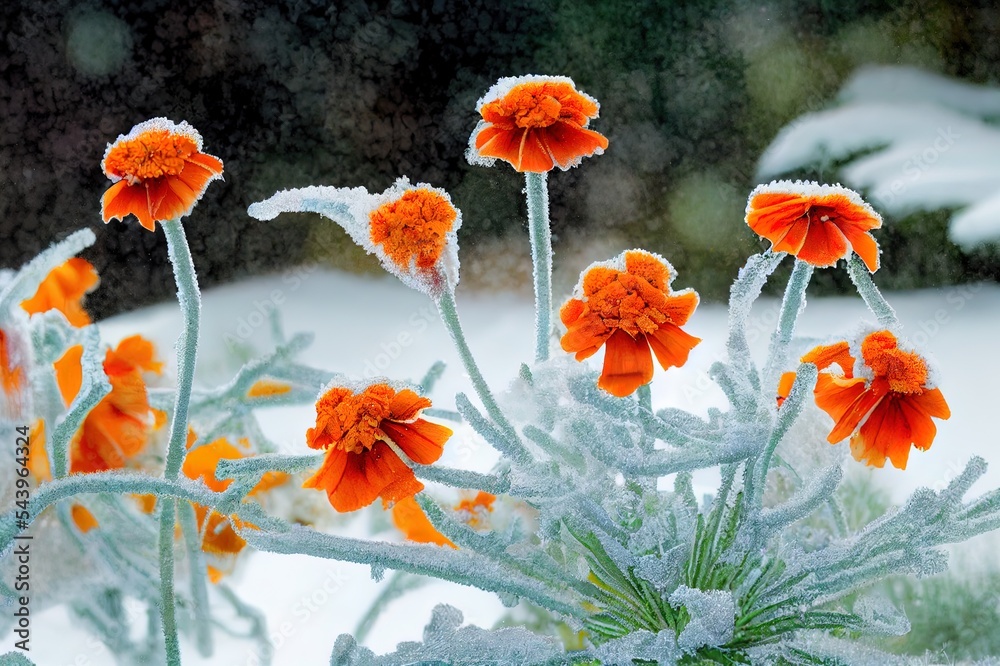 Canvas Prints marigold in the snow and frost in the winter garden. Natural background