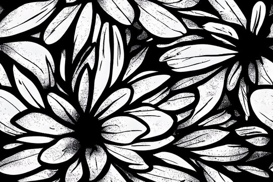 Hand drawn summer floral background. Botanical seamless background of abstract flowers. Sketch drawing. Vintage style.Black and white