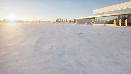 3d rendering of snow cover on ground floor, empty space at outdoor. Include blur modern building exterior of showroom, shop or store. Background design with sky, city for auto car product display.
