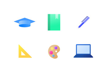 Simple Education Icon Set Colorful Academy at Book Pen Ruler Palette and Laptop Vector Illustration