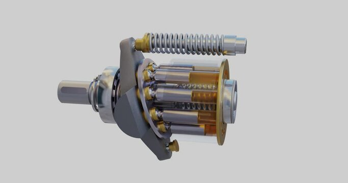Hydraulic axial piston pump showing the internals with swash plate, piston shoes and more. This animation shows how the oil is pulled in and pushed out.