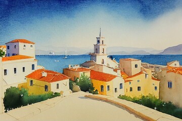 Naklejka premium hand drawn watercolor painting of beautiful Mediterranean town. landmark painting with buildings,house,cafe, restaurant,street,trees,stone wall, windows, houseplant,blue water, island and blue sky