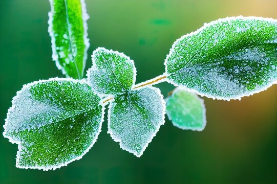 First autumn frost. Partially blurred defocused background image of green grass covered with white frost. Morning green icy plant leaves. On winter, nature falls asleep