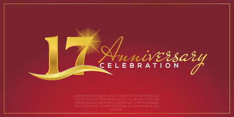 17th anniversary logo with confetti golden colored text isolated on red background, vector design for greeting card and invitation card