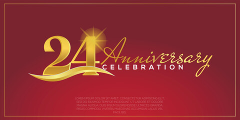 Naklejka premium 24th anniversary logo with confetti golden colored text isolated on red background, vector design for greeting card and invitation card
