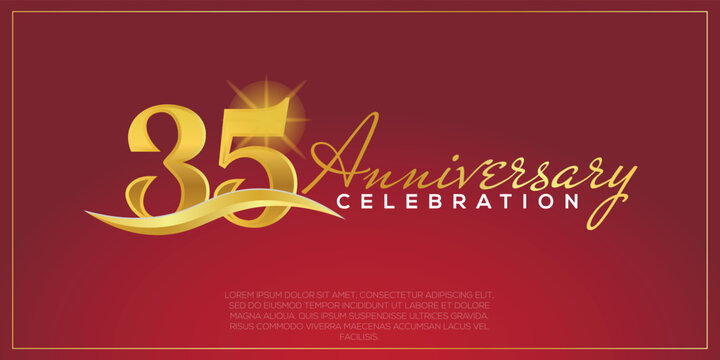 35th anniversary logo with confetti golden colored text isolated on red background, vector design for greeting card and invitation card