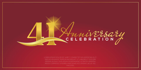 41st anniversary logo with confetti golden colored text isolated on red background, vector design for greeting card and invitation card