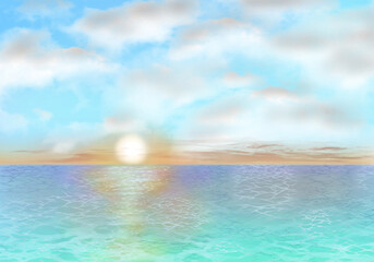 Fototapeta na wymiar 푸른 바다 수평선에서 떠오르는 태양, 일출 해돋이 손그림 일러스트.