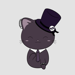Uroczy gotycki czarny kot. Elegancki zwierzak w czerwonym cylindrze i z krawatem. Słodka ilustracja wektorowa.