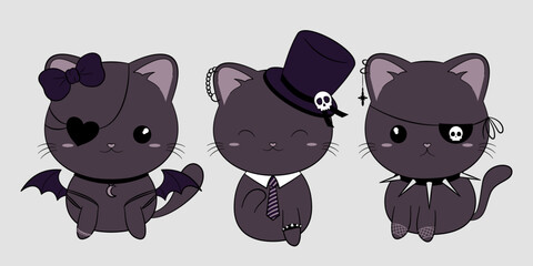 Czarny kot. Trzy urocze gotyckie kotki. Zwierzęta w stylu kawaii z gotyckimi dodatkami. Ilustracja wektorowa.