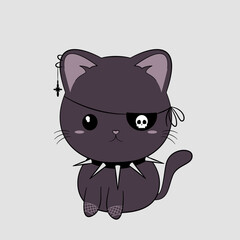 Czarny kotek w stylu goth. Uroczy gotycki kot z przepaską na oko, kolczastym kołnierzem, piercingiem i siateczkowymi rękawiczkami. Słodka ilustracja wektorowa.