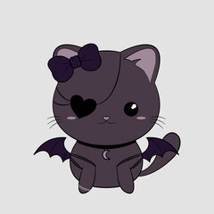 Czarny kotek w stylu goth. Uroczy gotycki kot z przepaską na oko w kształcie serca, z kokardką i skrzydłami nietoperza. Słodka ilustracja wektorowa.