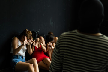 Women of victim in the room, Prostitution or Human trafficking. scared woman victim of domestic...