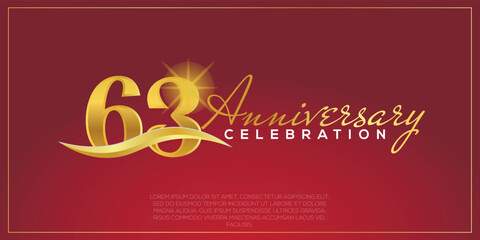 63rd anniversary logo with confetti golden colored text isolated on red background, vector design for greeting card and invitation card