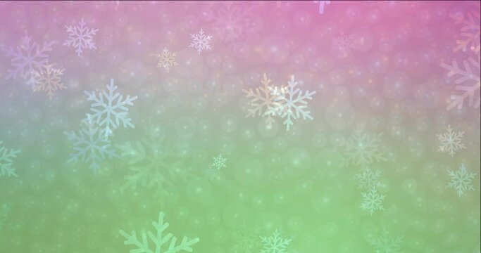 4K looping light pink, green video footage in New Year style. Colorful fashion clip with gradient stars, snowflakes. Flicker for video designers. 4096 x 2160, 30 fps.