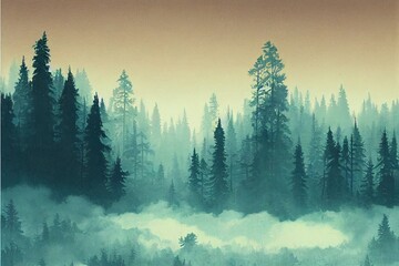 Fototapeta na wymiar Misty landscape with fir forest in hipster vintage retro style
