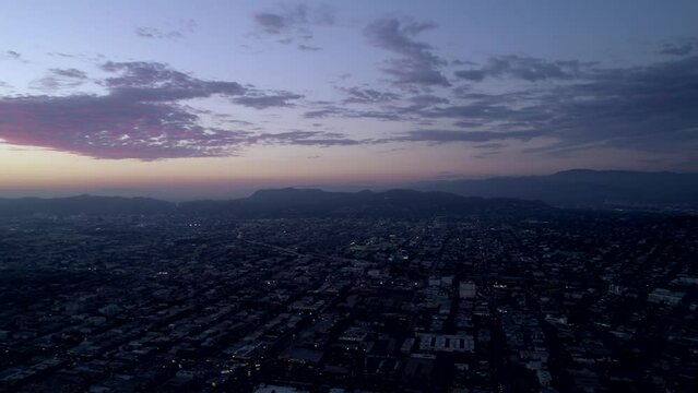 Aerial view of downtown Los Angeles during night. Evening view of Los Angeles city.