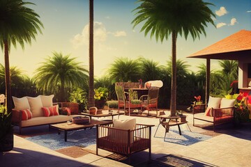 Terrace with outdoor furniture sofa and armchair. Shade gazebo and palm trees. Exotic backyard garden. Sunny day on the veranda patio. 3d rendering