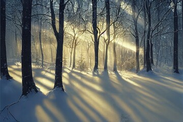 Beatifull morning sunrays in winter forest, trees covered with snow on background