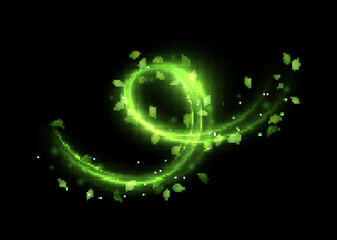 Green spiral spring wind effect with magic dust particles flying around and leaves particles on black background. Vector eps10