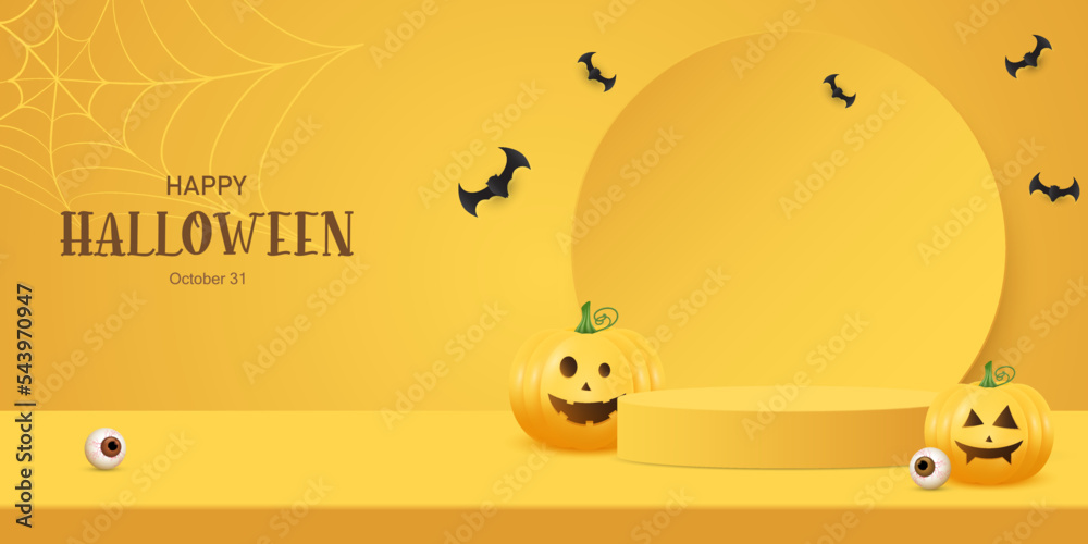 Wall mural Podium orange minimal scene 3d with pumpkin happy halloween. Happy Halloween festive banner. 3d realistic orange cylinder, pedestal, podium. Happy Halloween banner. 3d podium vector illustration.