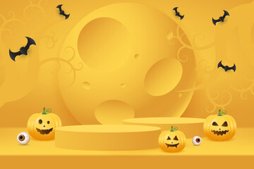 Podium yellow minimal scene 3d background. The moon,pumpkins character,eye ball,bat. Happy Halloween festive banner. 3d realistic cylinder, pedestal, podium. Happy Halloween banner. 3d podium vector.