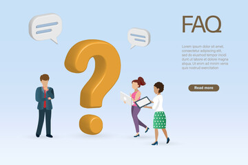 FAQ Frequently Asked Questions concept. People character with question mark sign for FAQ customer support service center. Vector Illustration.