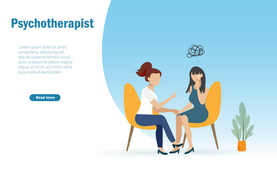 Psychotherapy session concept. Psychotherapist help patient woman solving her tangled mind. Mental health problem, vector, 