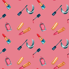 Cosmetic products watercolor seamless pattern on pink background.