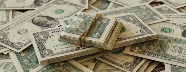 Bundles of One Dollar Bills on Scattered Money. Savings concept.