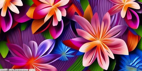 3d wallpaper flowers, 3d rendering, abstract wide panoramic floral background. Floral wallpaper with colorful paper flowers.
