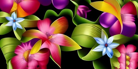 3d wallpaper flowers, 3d rendering, abstract wide panoramic floral background. Floral wallpaper with colorful paper flowers.
