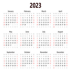 2023 Calendar vector illustration. 2023 calendar template. Simple calendar design. Calendar.