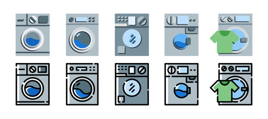 Washing machine icon set. Laundry symbol, logo illustration. Vector illustration with a different style. Pixel perfect vector graphics. Flat and filled line style