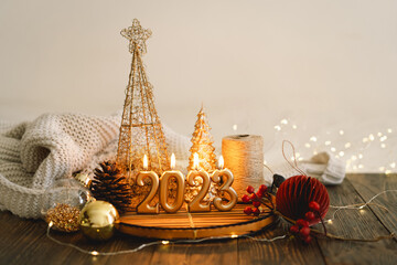 Happy New Years 2023. Christmas background with fir tree, cones and Christmas decorations. Christmas holiday celebration. New Year concept.
