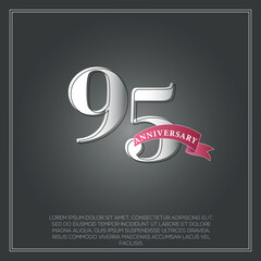 95 Years Anniversary celebration logotype colored with shiny gray, using ribbon and isolated on black background

