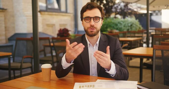 Adult man holds meeting talking about business project
