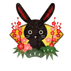 正面黒うさぎと扇と松竹梅の卯年年賀状アイコン