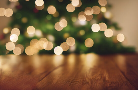 Pino de navidad con mesa de madera con efecto bokeh
