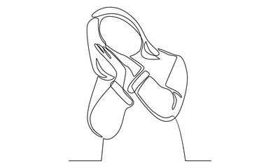 continuous line of tired sleepy young woman