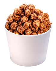 Chocolate Popcorn in white paper cardboard bucket isolated on white background, Chocolate Mushroom Popcorn on white PNG File.
