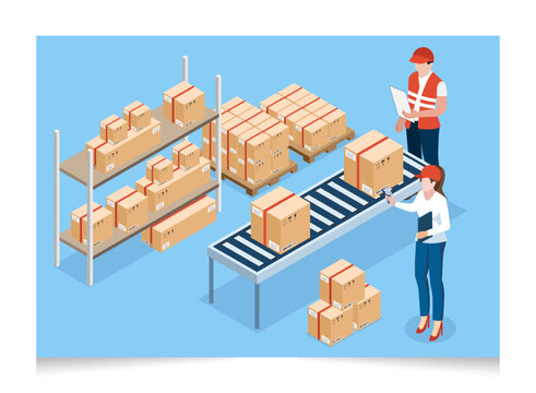 3D isometric warehouse worker concept with Workers scanning and checking goods on storage racks, transportation operation service, export, import. Vector illustration EPS 10