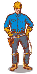 Illustration of a power lineman telephone repairman worker done in retro style.