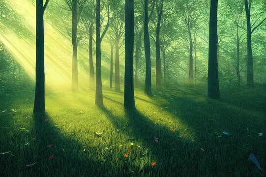 Photorealistic background morning in a beautiful magic forest with sunrays coming down through the trees. 3D rendering