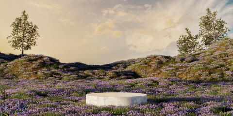 podium backdrop with natural floral field for advertising product presentation. 3d rendering background.