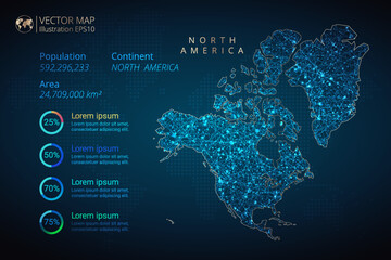 North America Continent map infographics vector template with abstract geometric mesh polygonal light concept on blue background. Template for diagram, graph, presentation and chart	
